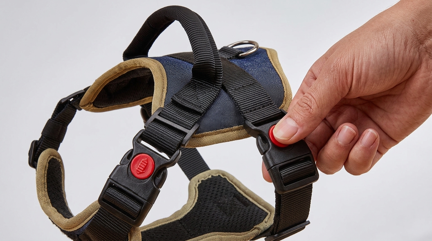 Hand pressing the red PawFit quick-release buckle